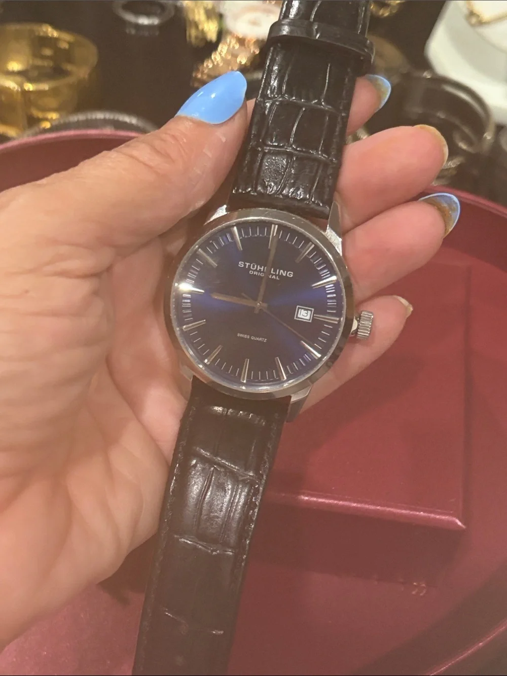 Stuhrling Original Blue Dial Silver Case Black Leather Strap Men's Watch